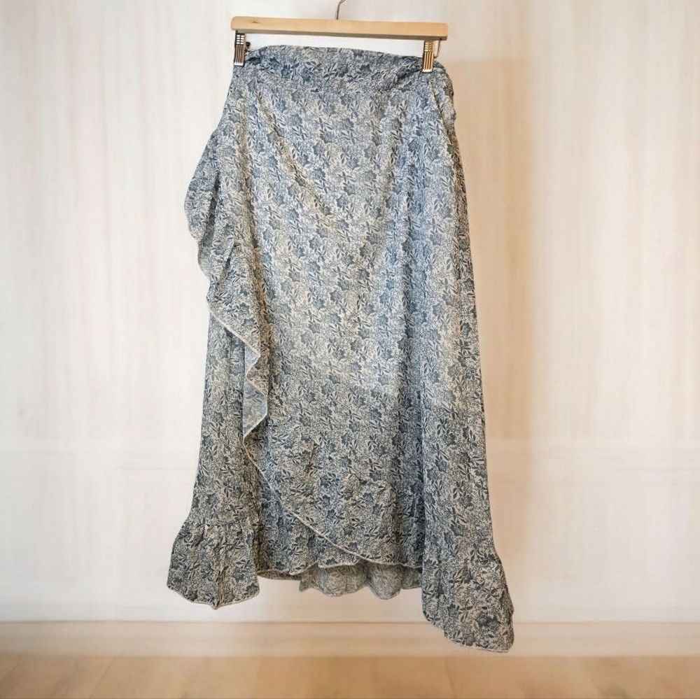 Amazon Blue Floral Asymmetrical Ruffle Maxi Skirt